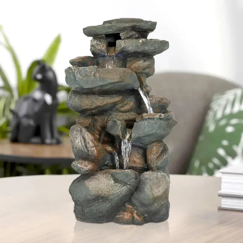 Resin Stacked Rock Indoor Tabletop Fountain with LED Lights-16"H