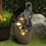 32.6''H 3-Tier Retro Barrel Outdoor Fountain with LED Lights