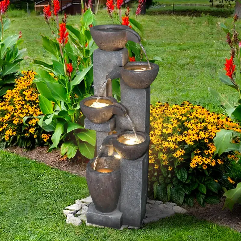 39"H- Tiered Pots Garden Outdoor Fountain with Warm LED Lights