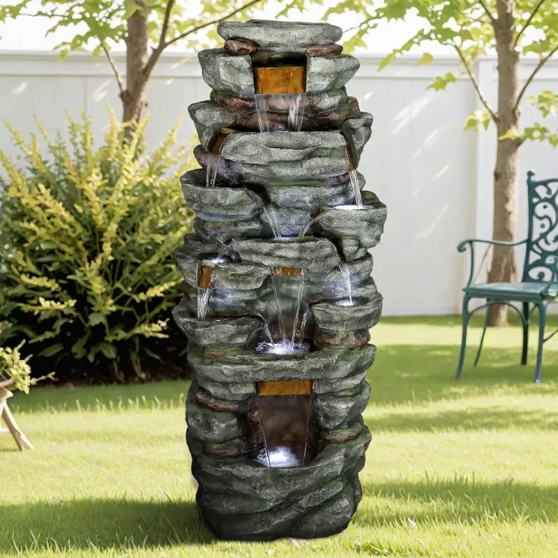 79" High Multi-Tiers Cascading Rock Outdoor Water Fountain with LED Lights