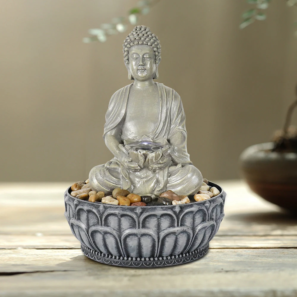 product_image_1765563944 Resin Buddha Tabletop Indoor Fountain with LED Light-11.4"H
