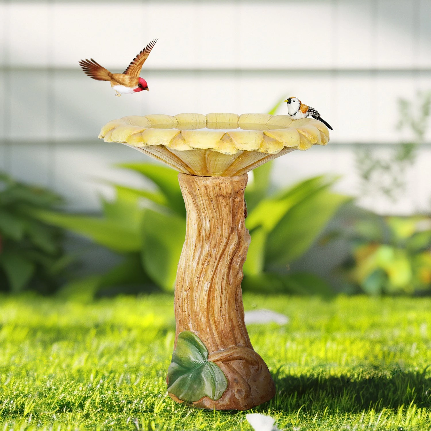product_image_1765565681 24.4"H Concrete Outdoor Bird Bath with Sunflower Bowl and Woodtone Pedestal - Garden Decor